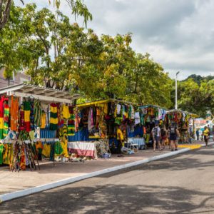 Ocho Rios, Jamaica - April 22, 2019: Souvenir street market in the tropical Caribbean island of Ocho Rios, Jamaica.